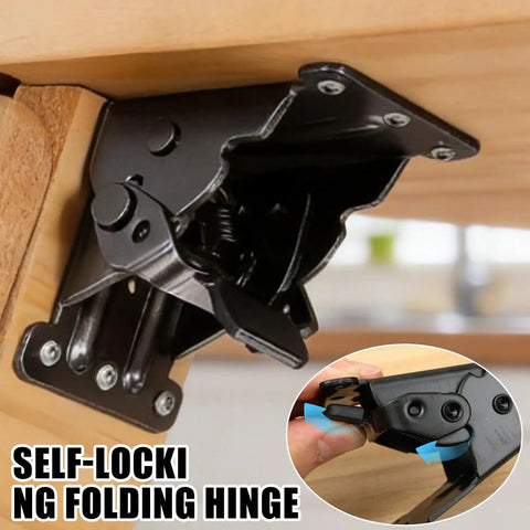 Close-up of Three Piece Black Folding Table Braces With 180 Degree Self Lock Hinges, showcasing locking mechanism on wood.
