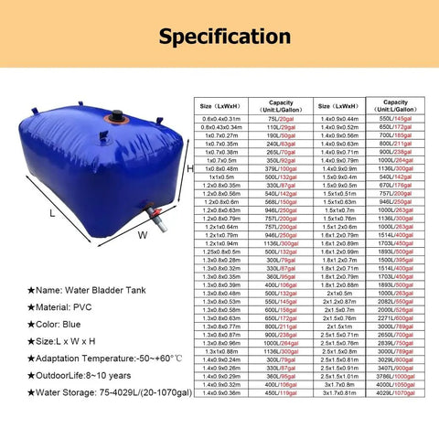 Collapsible Portable Water Storage Tank With Valve 500L Large Capacity Soft Water Bag For Camping And RV Trips, blue PVC bladder