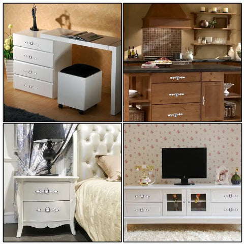 Crystal Glass Diamond Cabinet Knobs With Plates And Screws Sparkly Drawer Pulls on white and wooden furniture in various rooms.