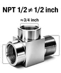 Heavy Duty 1/2 Inch Npt Tee Pipe Fitting Built Tough Using Premium 304 Stainless Steel For Bulletproof Three Way Female And Male Connections On Gas Air Lines And Brewery Systems, showing dimensions.