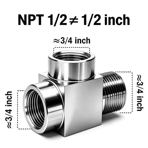 Heavy Duty 1/2 Inch Npt Tee Pipe Fitting Built Tough Using Premium 304 Stainless Steel For Bulletproof Three Way Female And Male Connections On Gas Air Lines And Brewery Systems, showing dimensions.