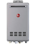 Hella Smooth Seven Gallon Per Minute Natural Gas Tankless Water Heater Delivering One Hundred Fifty Thousand Btu With Smart Eco Net System For Whole House Outdoor Install Zero Hassle Stainless Steel Body front view.
