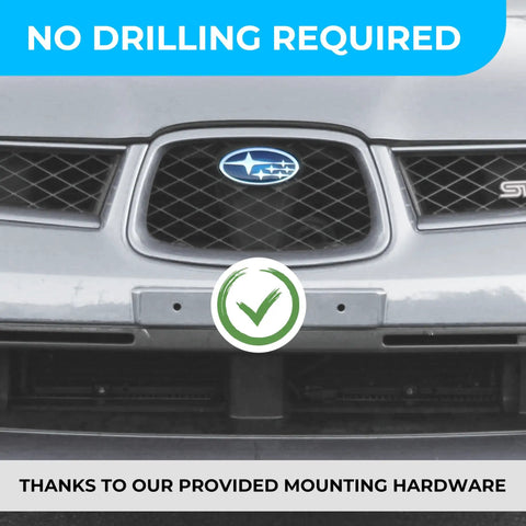 Zero Hassle License Plate Bracket Adapter Kit For Subaru WRX STI Forester Crosstrek Impreza 2012 To 2023 front view with no drilling needed.