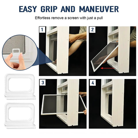 Total Win Window Screen Pull Tabs 30 Pack Universal Replacement Handles in use showing easy grip and maneuver for screen removal.