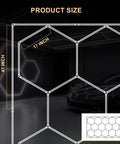 Hexagon LED Garage Lights Kit Pro Grade With 69 Pack Tubes, ceiling lights shown in 47x17 inch hexagon grid in a garage.