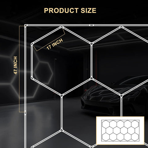Hexagon LED Garage Lights Kit Pro Grade With 69 Pack Tubes, ceiling lights shown in 47x17 inch hexagon grid in a garage.