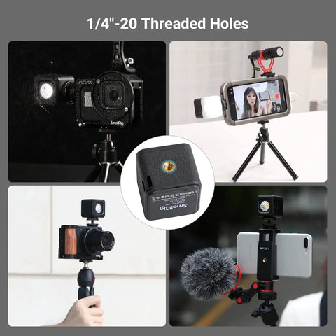 RM01 Mini LED Video Light kit mounted on cameras and smartphones for photography with barndoor diffuser visible
