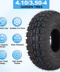 Beefy Heavy Duty 4.10/3.50-4 Tire and Inner Tube Set with Bent Valve Stem, features serrated tread, suitable for garden equipment.