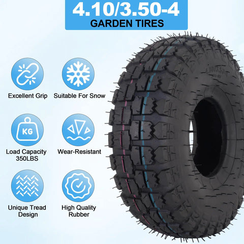 Beefy Heavy Duty 4.10/3.50-4 Tire and Inner Tube Set with Bent Valve Stem, features serrated tread, suitable for garden equipment.