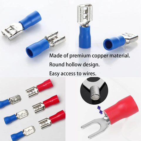 300Pcs 18 Types Crimp Connector Kit With Ring Spade Fork And Butt Terminals 6.3mm connectors, blue and red terminal view