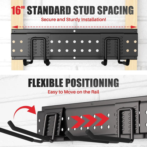 Garage Tool Organizer Wall Mount 48 Inch with 10 Adjustable Heavy Duty Hooks, detail of hooks and mounting flexibility