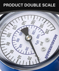 Close-up of Blue Steel 2-1/2 Inch Water Pressure Gauge 0-200 PSI With 3/4 Inch Hose Thread showing dial and readings
