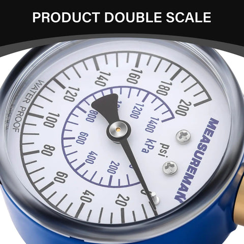Close-up of Blue Steel 2-1/2 Inch Water Pressure Gauge 0-200 PSI With 3/4 Inch Hose Thread showing dial and readings