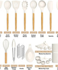 33 Piece Nonstick Silicone Kitchen Utensils Set With Holder Cream White Wooden Handles BPA Free Food Grade Heat Resistant Cooking Tools