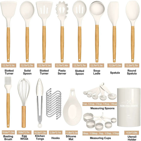 33 Piece Nonstick Silicone Kitchen Utensils Set With Holder Cream White Wooden Handles BPA Free Food Grade Heat Resistant Cooking Tools