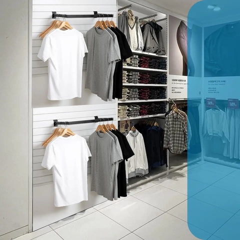 Slatwall U Shaped Hangrail 24x12 Inch Tubing displaying clothes in retail setting, universal fit on most slatwall panels.