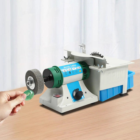 750W Variable Speed Bench Grinder And Badass Heavy Duty Shop Rig For Jewelry Polishing And Stone Carving With Hella Precision Lapidary Saw And Sweet Finishing Touch Ups To Get The Job Done Right, showing motor, polishing disc, and jade piece.