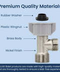 Premium materials of hybrid metal and plastic cold water T adapter for Neo bidets, showing rubber washer, brass, and plastic wingnut.