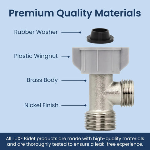 Premium materials of hybrid metal and plastic cold water T adapter for Neo bidets, showing rubber washer, brass, and plastic wingnut.