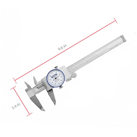 Premium Dial Caliper 0 To 6 Inches With Precise 0.001 Inch Precision Measures Inside Outside Depth And Step Ideal For Machining And DIY Pro Grade Readings Includes Two Sets, showing full caliper with ruler dimensions.