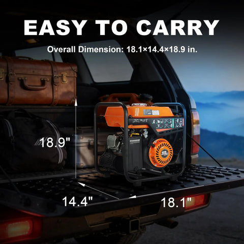 Open Frame 4000W Inverter Generator on truck bed, 223cc OHV engine, dimensions 18.1 x 14.4 x 18.9 inches, easy to carry.