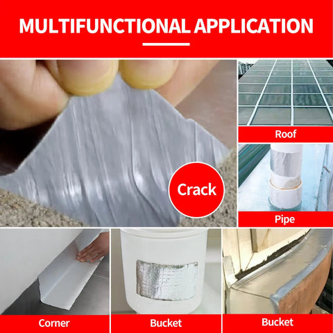 Collage showing use of Butyl Tape Waterproof Sealing Tape, Heavy Duty Aluminum Foil Roll 2 Inch By 16 Feet for repairs on various surfaces