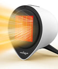 Powerful 1500W PTC Ceramic Space Heater With 2 Heat Settings emitting warm air, compact design suitable for small spaces.