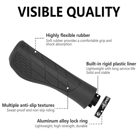 Ergonomic Bike Grips with Lock On Aluminum Mount Shock Absorbing Dual Density Silicone 3D Non Slip Pattern Comfortable Handlebar Grips For Mountain BMX Scooters Black shown with highlighted features like flexible rubber and anti-slip textures.