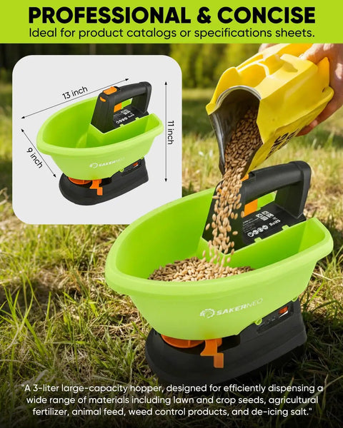 Handheld Lawn Spreader For Seed And Fertilizer, Battery Powered Do It All Tool With 3 Liter Capacity on grass