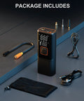No Fuss Portable Tire Inflator, 180 PSI Rapid Output Air Compressor with digital screen, charging cables, and accessories.