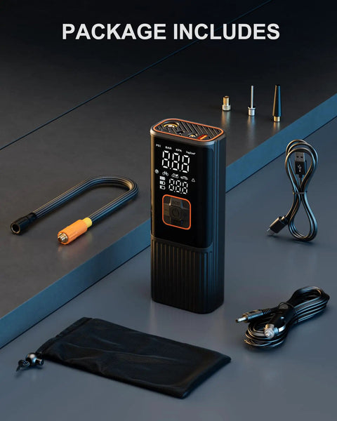 No Fuss Portable Tire Inflator, 180 PSI Rapid Output Air Compressor with digital screen, charging cables, and accessories.