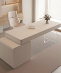 Straight Up Rock Solid Heavy Duty L Shaped Computer Desk With Cream Acrylic Legs Spacious Storage Drawers Clean Modern Workspace Vibes For Home Office Salon Grind Setup, featuring a sleek cream top and transparent legs.