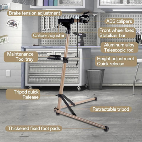Ebike Repair Stand For Home Garage And Shop Use, Beefy Heavy Duty Bike Stand with aluminum frame and retractable tripod in garage.