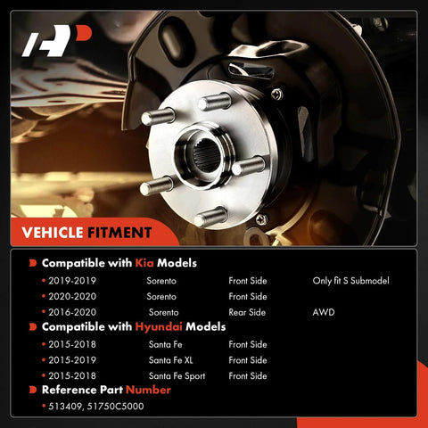Wheel Bearing And Hub Assembly 5 Lug Front And Rear Fit Kia Sorento 2019 2020 Front S Submodel And 2016 2020 Rear AWD Plus Hyundai Santa Fe 2015 2018 Front Santa Fe Sport 2015 2018 Front And Santa Fe XL 2015 2019 Front, showing vehicle compatibility chart and reference part numbers.