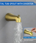 Metal tub spout with diverter on wall, part of Brushed Gold All-In-One Dual Shower Faucet Set With Tub Spout And Trim Kit