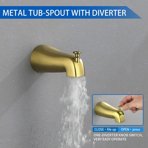 Metal tub spout with diverter on wall, part of Brushed Gold All-In-One Dual Shower Faucet Set With Tub Spout And Trim Kit