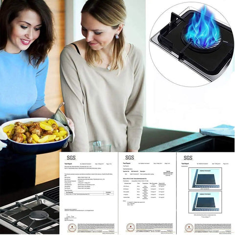 Two women cooking with Stove Covers Set Eight Pcs 0.2mm 10.6x10.6 Inch Gas Range Protectors, silicone gap covers visible.