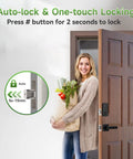 Woman holding groceries using Fingerprint Smart Door Lock Set With App Control And Keyless Entry Bluetooth Touchscreen Keypad Deadbolt Auto Lock Anti Peeping Low Battery Alert Privacy Mode Easy Installation Front Door Lock Black, showing auto-lock feature for home security.