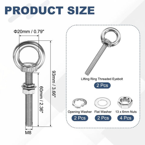 Heavy Duty M8 X 60mm Eye Bolts Set In 304 Stainless Steel With Lock Nuts And Flat Washers 2 Pack Lifting Eye Bolts For Hanging