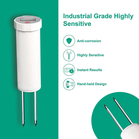 Pro Grade Soil pH Meter With Calibration Free LCD Display showing dual stainless steel probes for high sensitivity readings
