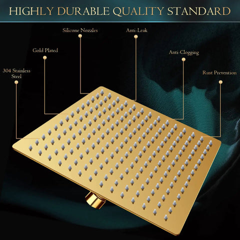 12 Inch Rain Shower Head With 11 Inch Adjustable Extension Arm And 5 Function High Pressure Handheld Shower Brushed Gold Finish Stainless Steel Body Durable Construction For Full Body Coverage And Boss Level Spa Like Spray, highlighting durability features with silicone nozzles and gold plating.