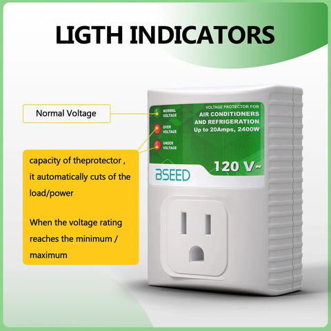 Heavy Duty Surge Protector For Refrigerator And Home Appliances 120V 20A 2400W displaying front view with light indicators