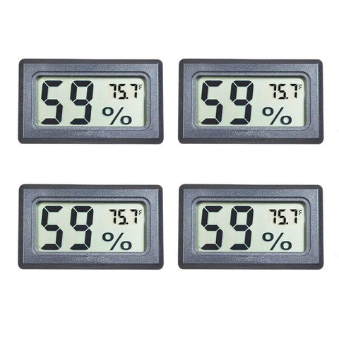 Four Pack Mini Digital Temp And Humidity Meters With Probes, A 2 In 1 Thermometer Hygrometer With LCD Display for various uses.