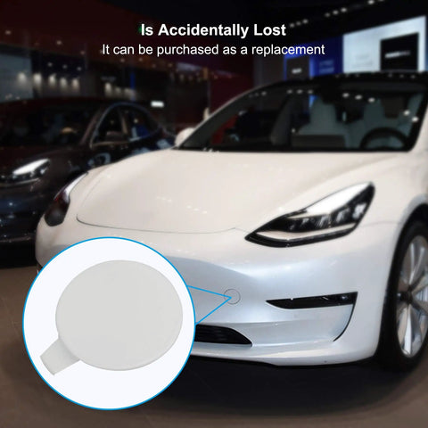 Tesla Model 3 Front Tow Hook Cover Cap Replacement for 2017-2023 White Front Bumper, shown on car