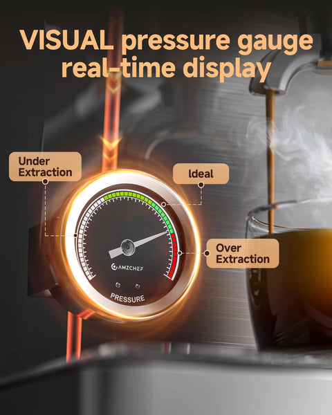 Pro Barista 15 Bar Espresso Machine With Precision 58 Millimeter Portafilter Analog pressure gauge displaying real-time extraction levels.