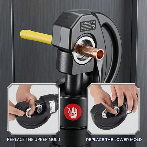 Close-up of Heavy Duty 120KN Electric Hydraulic Crimping Tool Kit With Sixteen Dies showing hydraulic head and mold replacement.