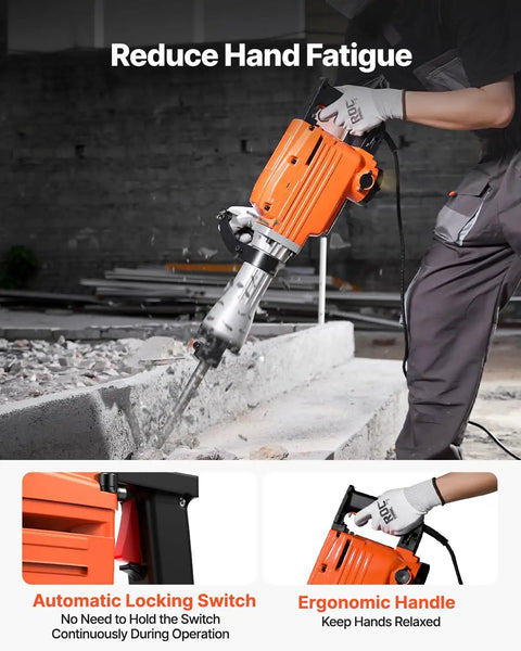 Worker using Beefy Heavy Duty Demolition Jack Hammer 2200W Electric Concrete Breaker with 1350 BPM, ergonomic handle visible