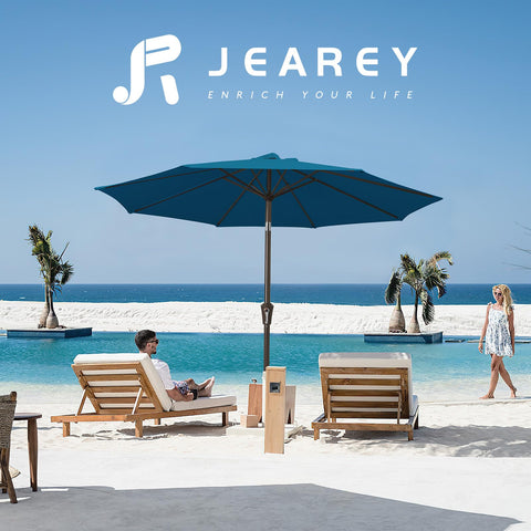 9 Foot Outdoor Patio Umbrella With Push Button Tilt And Crank Market Style Canopy 8 Sturdy Ribs UV Protection Lake Blue at poolside