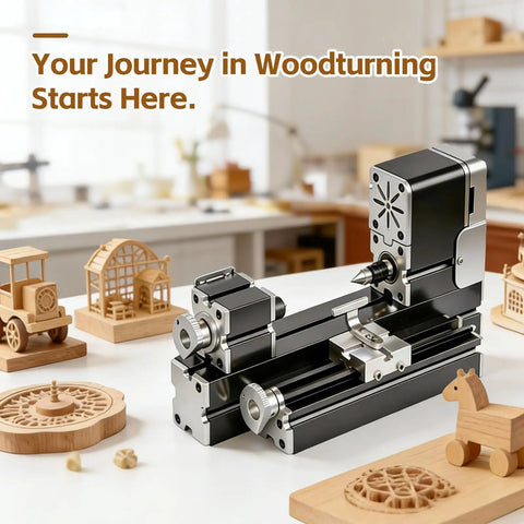 Mini Benchtop Wood Lathe Machine 20000 RPM Precision Turning Tool For STEM Education And DIY Crafts on workbench with wood models.