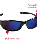 Hellraiser Safety Glasses With Blue Mirror Lenses And Black Frame For Outdoor Work, showing blue mirror lens and flex-point temples.